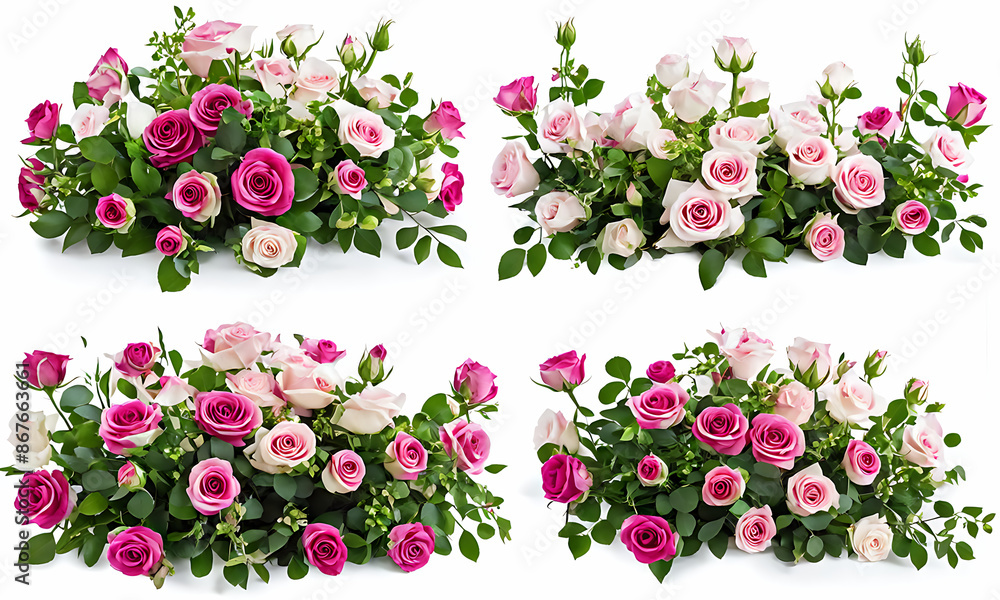 Set of beautiful pink roses with lush green leaves, cut out Set of beautiful pink roses with lush green leaves, cut out