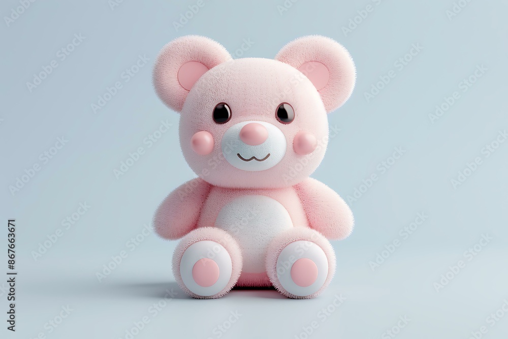 A cute 3D-rendered bear with a minimalistic design, featuring soft pink fur and a friendly expression, set against a pale blue background. A cute 3D-rendered bear with a minimalistic design, featuring soft pink fur and a friendly expression, set against a pale blue background.