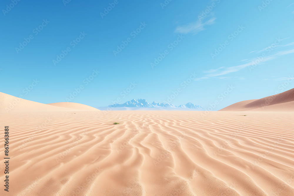 A serene desert landscape under a clear blue sky, with rippling sand dunes stretching into the horizon and distant mountains in the background. A serene desert landscape under a clear blue sky, with rippling sand dunes stretching into the horizon and distant mountains in the background.