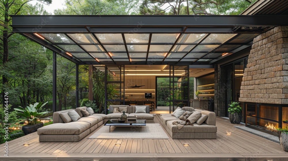 Fototapeta premium Outdoor barbecue area with wooden floors, light gray sofas, and white armchairs: modern design.