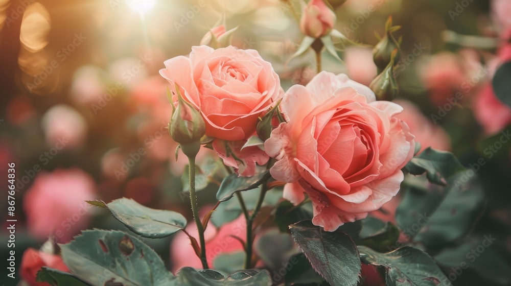 Fototapeta premium Blossoming pink roses in full bloom in a summer garden