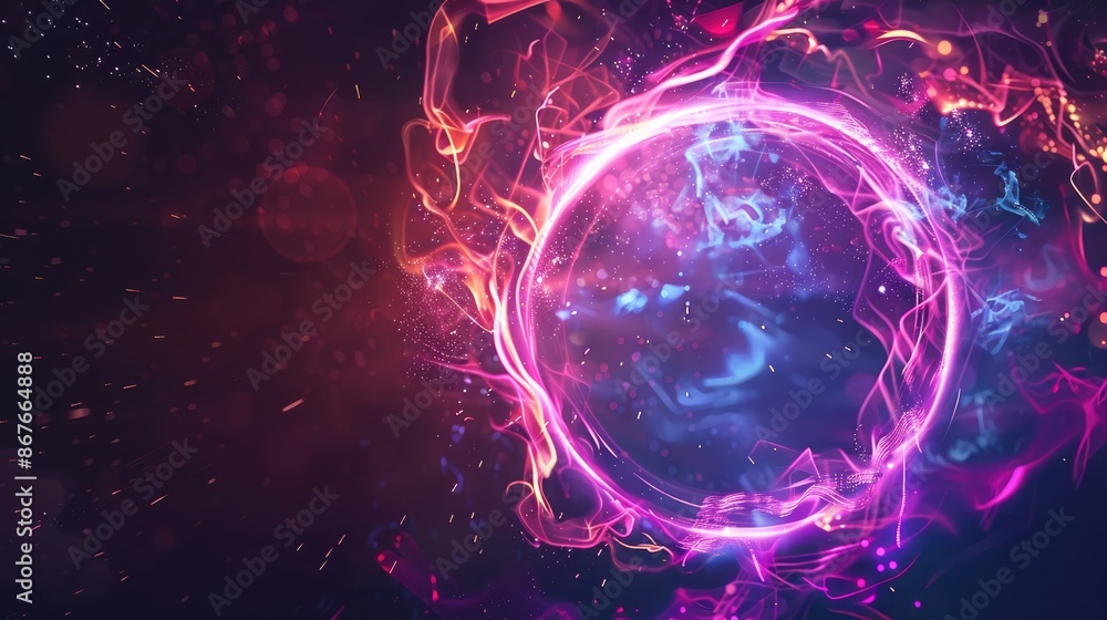 Abstract neon sphere of glowing on a dark background, circle and loop frames with magic purple and pink sparkle. Banner, Cover, Ads Abstract neon sphere of glowing on a dark background, circle and loop frames with magic purple and pink sparkle. Banner, Cover, Ads