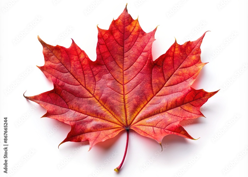 Fototapeta premium Vibrant red maple leaf isolated on white background, symbolizing autumn's arrival, featuring delicate veins and curved edges, evoking feelings of cozy fall weather nostalgia.