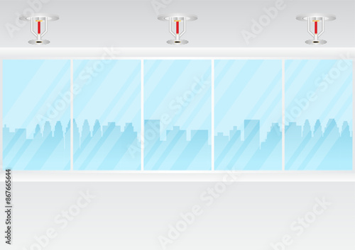 Fire Sprinkler installed on Ceiling in Building. Automatic Fire Extinguishing System. Vector Illustration. 