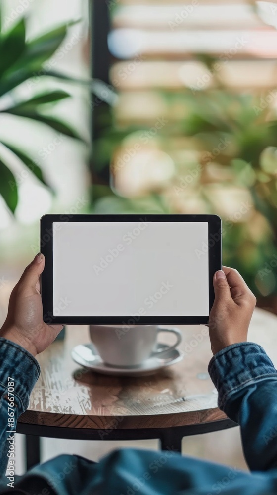 A person relaxes at a cafe, holding a tablet with a blank screen in front of them. A cup of coffee sits on the table nearby A person relaxes at a cafe, holding a tablet with a blank screen in front of them. A cup of coffee sits on the table nearby