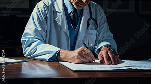  A doctor in a white coat sits at a table and writes a prescription to a patient. At a doctor's appointment in a clinic. The doctor writes a document. The doctor's consultation. Sick leave.