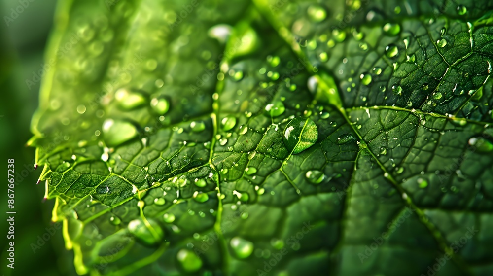 Water drops on a leaf, dew, fresh green Water drops on a leaf, dew, fresh green