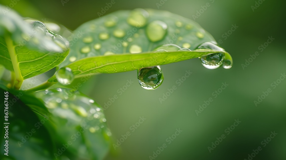 Water drops on a leaf, dew, fresh green Water drops on a leaf, dew, fresh green