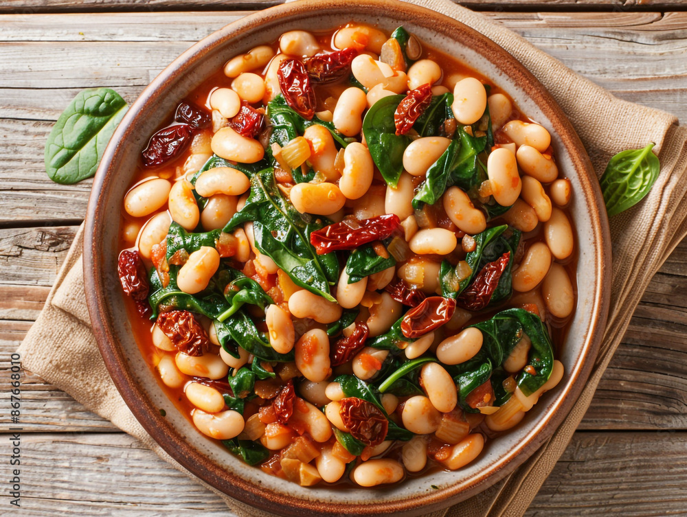 Vegetarian stew of white beans with spinach, garlic and dried tomatoes close-up on a plate on the table. Vegetarian stew of white beans with spinach, garlic and dried tomatoes close-up on a plate on the table.
