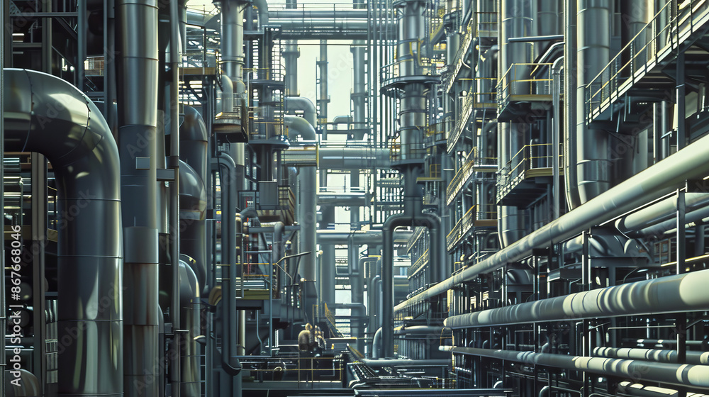 Refinery Network Rack Steel racks hold long pipes and support machinery in a large refinery ...