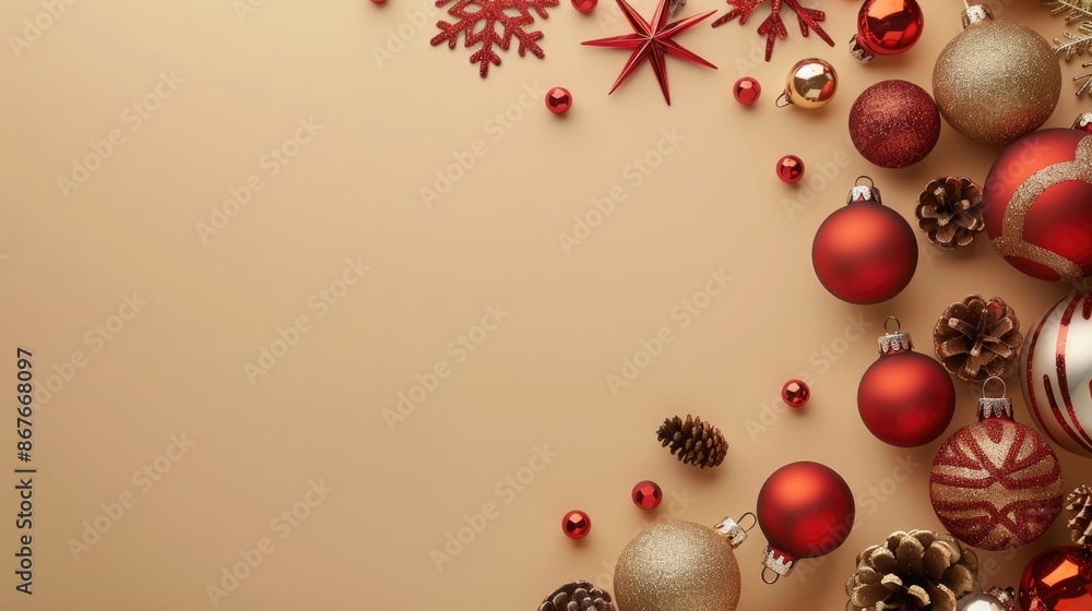 Flat lay of a holiday-themed background with ornaments and space for text Flat lay of a holiday-themed background with ornaments and space for text