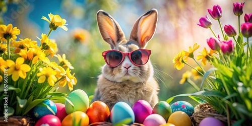 Cool Easter bunny rabbit wearing retro 80s style sunglasses holds Easter eggs, surrounded by colorful flowers and greenery in a fun, playful spring scene. photo