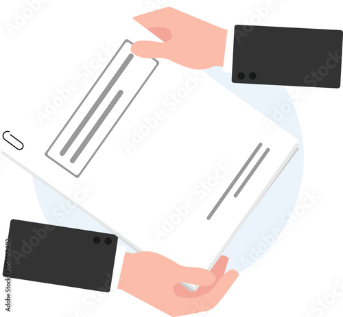 Hand sending and take a document file paper sheet, Business hand holding document file, File sharing icon, flat style vector.