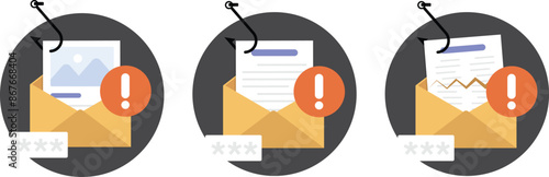Fishing mail icon set, Fishing hook email and password, Data phishing and hacking icon, flat vector design. 
