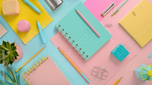 Flat lay of stationery items on a pastel background with space for text