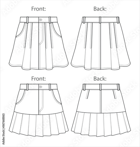 Vector mini skirt fashion CAD, woman short skirt with pleats detail sketch, template, flat, technical drawing. Jersey or woven fabric 2 pieces set of skirt with front, back view, white color