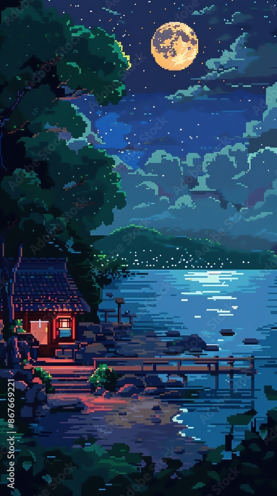 Obraz premium A serene night scene with a full moon illuminating a lakeshore cabin, a wooden dock, and a twinkling town in the distance.