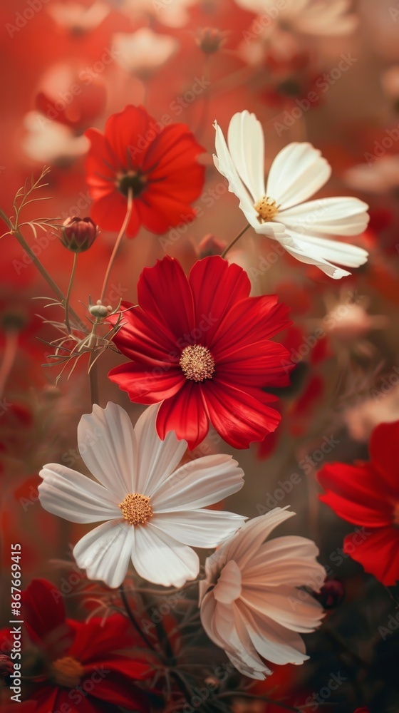 custom made wallpaper toronto digitalVibrant red and white cosmos flowers in a soft-focus garden