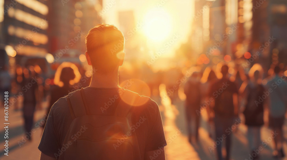 Sweating urban commuters with sun flare, heatwave, city life adaptation Sweating urban commuters with sun flare, heatwave, city life adaptation