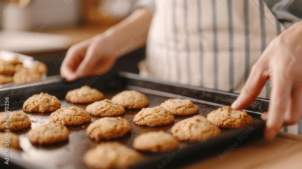 Person wearing an apron bakes fresh homemade cookies in a kitchen, taking them out of the oven on a baking tray. Person wearing an apron bakes fresh homemade cookies in a kitchen, taking them out of the oven on a baking tray.