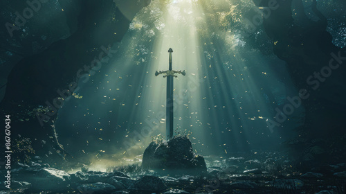 The legendary sword, Excalibur, emerges from a stone deep within a mystical forest. Its gleaming blade pierces through the darkness, surrounded by ethereal rays of light and swirling dust. photo