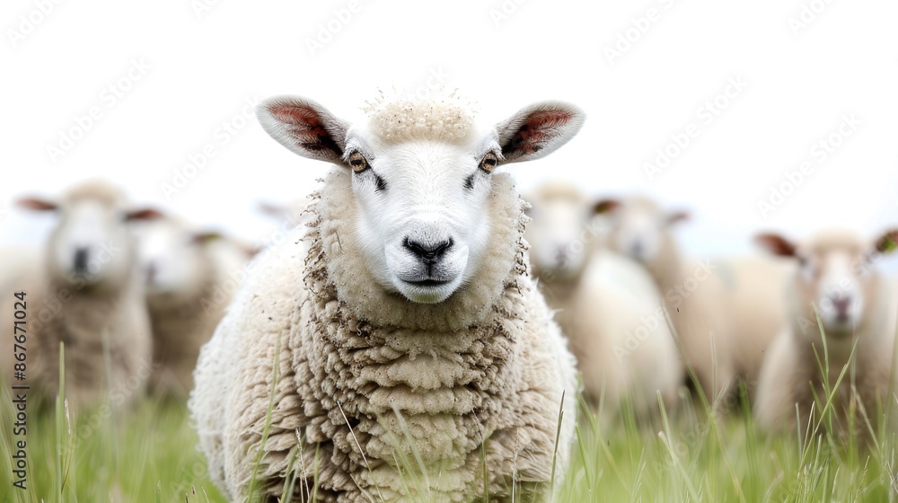 White sheep roaming in grassy field with white backdrop White sheep roaming in grassy field with white backdrop
