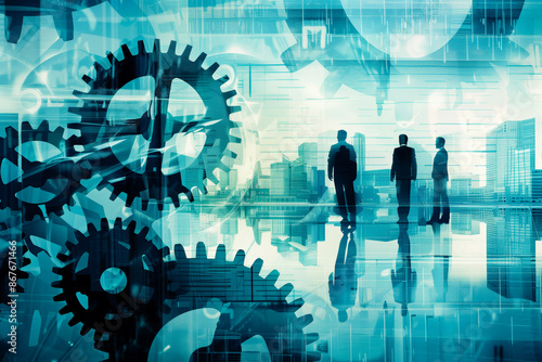 Conceptual image of operations process in business. Silhouettes of businesspeople and gears on abstract background.  