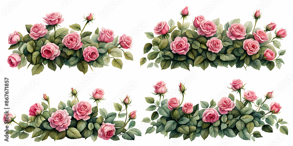 Set of beautiful pink roses with lush green leaves, cut out Set of beautiful pink roses with lush green leaves, cut out