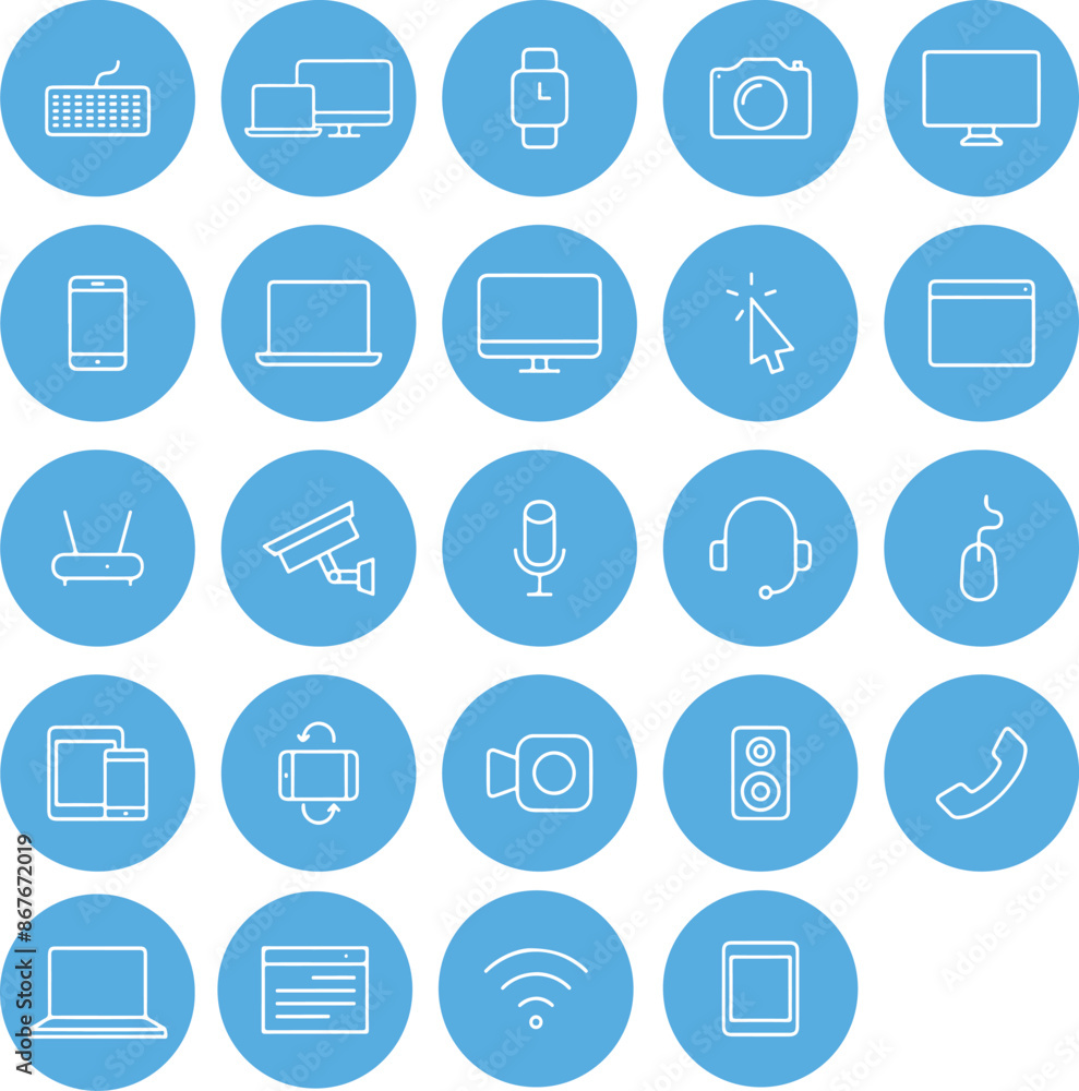 Round circle blue button icon set of tech technology device computer monitor smartphone tablet laptop notebook. Thin line icons, flat vector illustrations, isolated on transparent background Round circle blue button icon set of tech technology device computer monitor smartphone tablet laptop notebook. Thin line icons, flat vector illustrations, isolated on transparent background