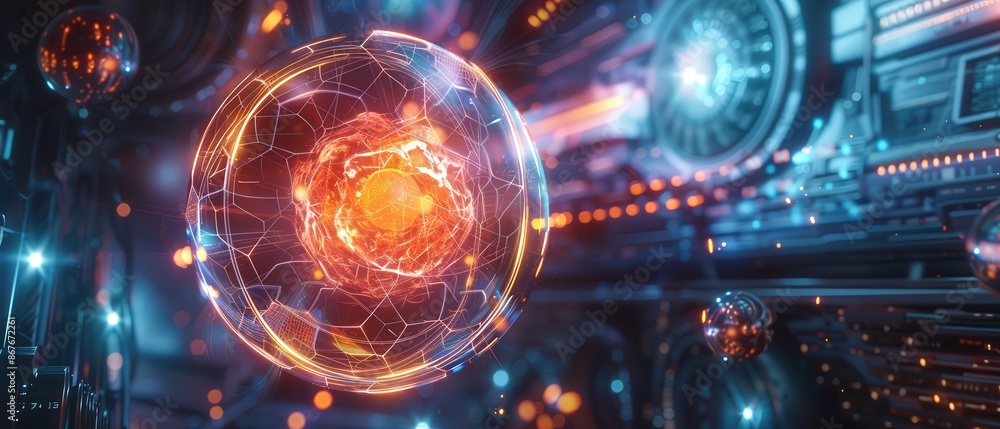 Obraz premium An ultra-realistic depiction of a futuristic energy sphere harnessing the dynamic beauty of fusion reactions, glowing intensely in the heart of a cutting-edge high-tech laboratory