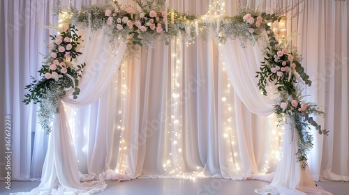 Elegant wedding backdrop featuring an arch of fresh flowers, flowing white and cream fabrics, and delicate fairy lights for a soft, romantic feel