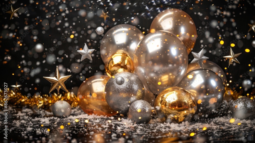 Large foil balloons in the shape of the new year surrounded by gold and silver star-shaped garlands isolated Large foil balloons in the shape of the new year surrounded by gold and silver star-shaped garlands isolated