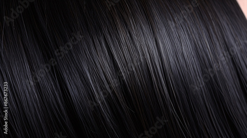 Close-up of luxurious black hair strands with visible keratin molecules enhancing shine and strength