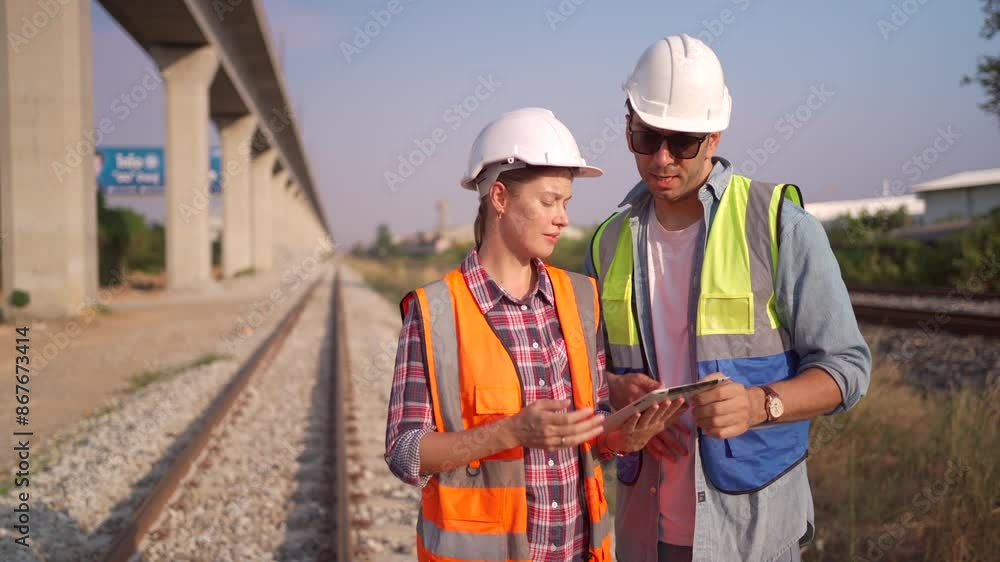team of railway engineers is conducting a survey of the train tracks to perform maintenance and safety inspections. team of railway engineers is conducting a survey of the train tracks to perform maintenance and safety inspections.