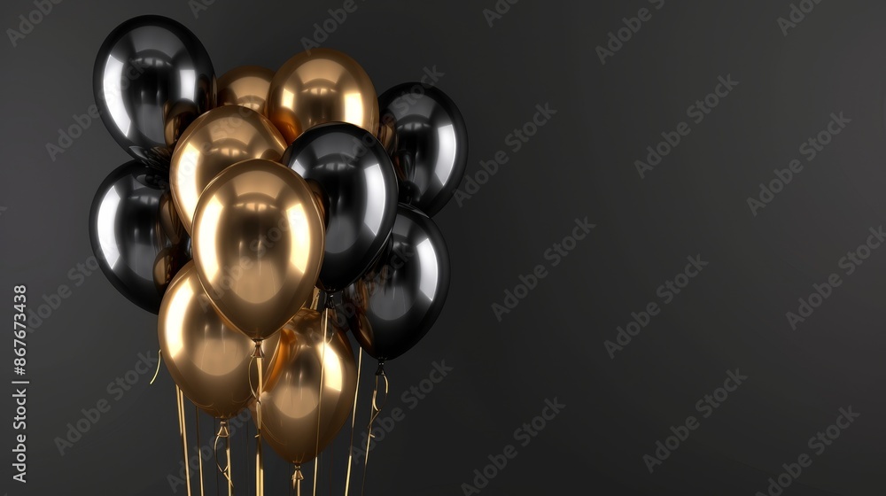 Black and gold number balloons for New Year with silver metallic tassels and blank background Black and gold number balloons for New Year with silver metallic tassels and blank background