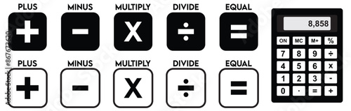 mathematical icon. math calculations addition, division, subtraction, multiplication, plus minus button symbol set. mathematical calculator education vector. Vector pictogram. Math symbols icon set