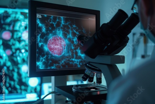 Cropped image of screen showing researcher looking in a microscope fertilising an egg. Intracytoplasmic sperm injection photo