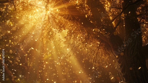 Sunlight gleams through the gilded foliage of the tree