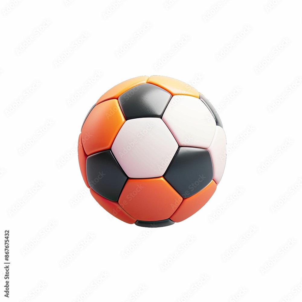 A close-up of a colorful soccer ball with orange, black, and white panels on a white background. A close-up of a colorful soccer ball with orange, black, and white panels on a white background.
