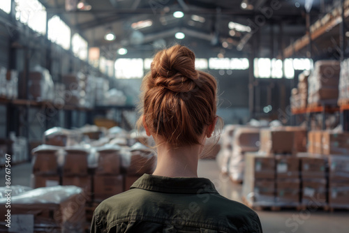 A woman overlooking a warehouse with cardboard boxes, standing with her back to the camera 