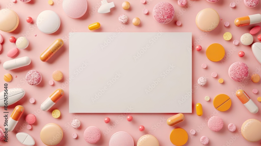 Top view, 3D illustration, white rectangle blank paper, variety of mint leaves, creative arrangement, flat lay, copy space Top view, 3D illustration, white rectangle blank paper, variety of mint leaves, creative arrangement, flat lay, copy space