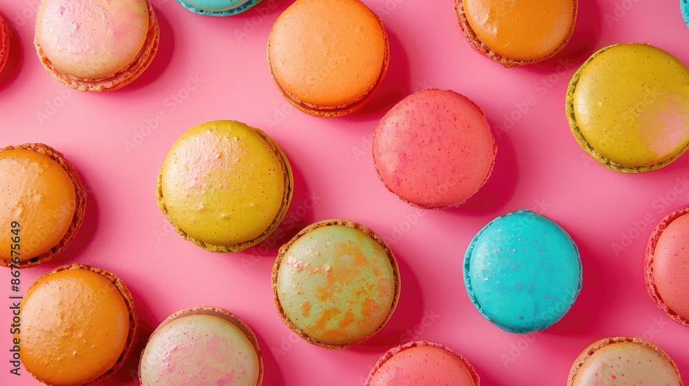 Colorful macarons arranged on a bright pink surface Colorful macarons arranged on a bright pink surface