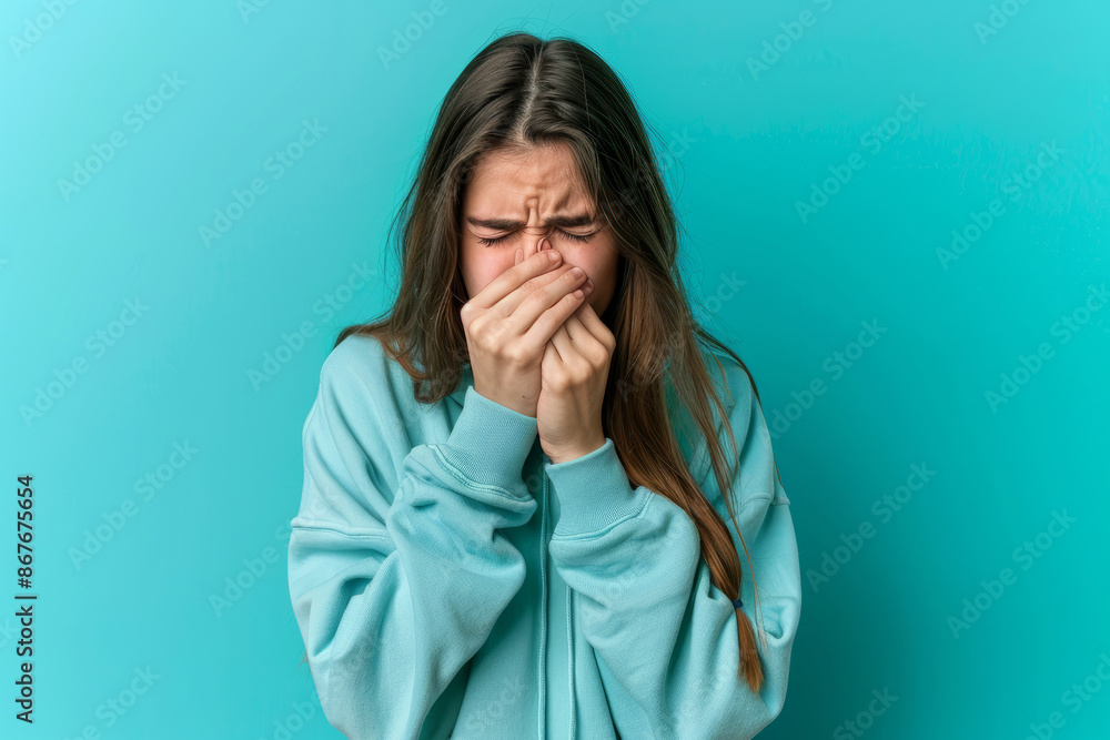 Suffering young woman on empty blue background while sneezing with space for text or inscriptions
Suffering young woman on empty blue background while sneezing with space for text or inscriptions