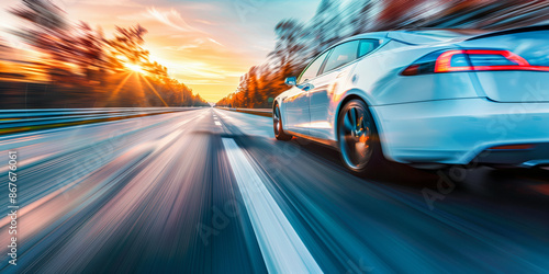 An electric car rushes at speed along the autobahn, the background is blurred