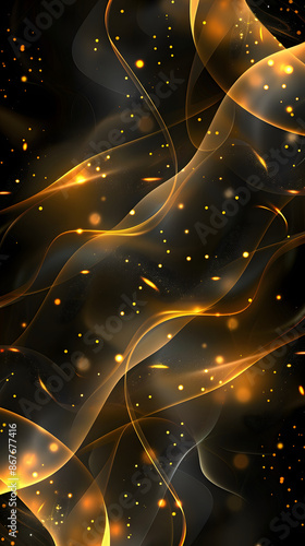 Vector illustration of golden dynamick lights linze effect isolated on black color background. Abstract background for science, futuristic, energy technology concept. Digital image lines with light  photo
