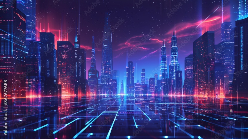 cityscape with space and neon light effect. Modern hi-tech, science, futuristic technology concept. Abstract digital high tech city design for banner background cityscape with space and neon light effect. Modern hi-tech, science, futuristic technology concept. Abstract digital high tech city design for banner background