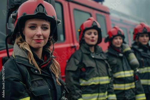 A group of female firefighters in full gear, standing confidently in front of their red fire engine, ready for action © Ahmed