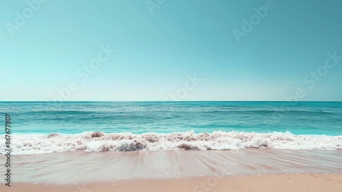 Scenic beach view with clear blue sky and space for text