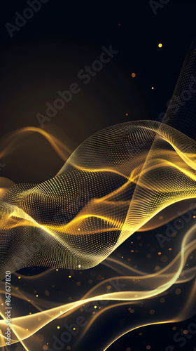 Vector illustration of golden dynamick lights linze effect isolated on black color background. Abstract background for science, futuristic, energy technology concept. Digital image lines with light  photo