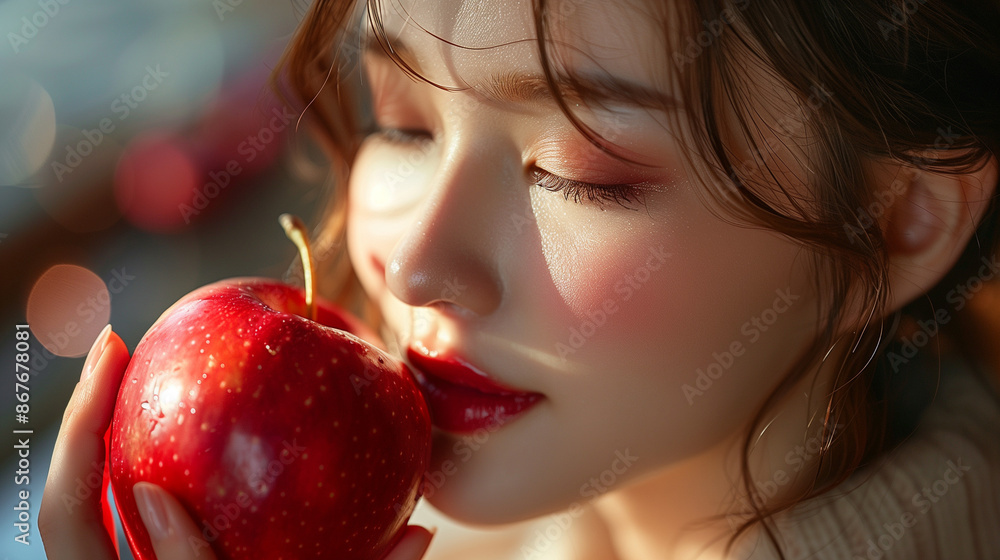 Realistic Photo of a Beautiful Girl Holding a Red Apple and Happily Smelling Its Aroma in 4K Resolution. Capturing the Joy and Freshness of Nature's Bounty with Vivid Detail and Clarity Realistic Photo of a Beautiful Girl Holding a Red Apple and Happily Smelling Its Aroma in 4K Resolution. Capturing the Joy and Freshness of Nature's Bounty with Vivid Detail and Clarity